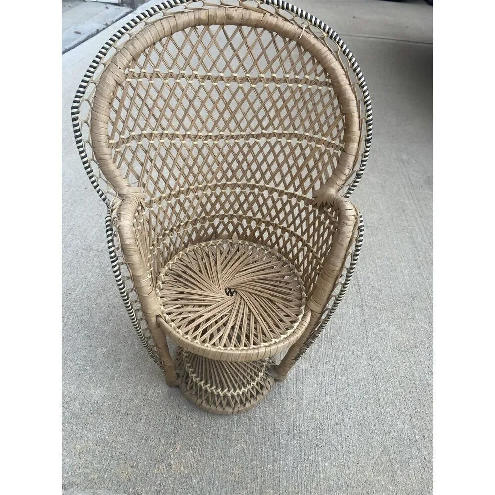 Vintage Wicker Rattan Doll Chair 16” Boho Decor Peacock Plant Stand Fan Back